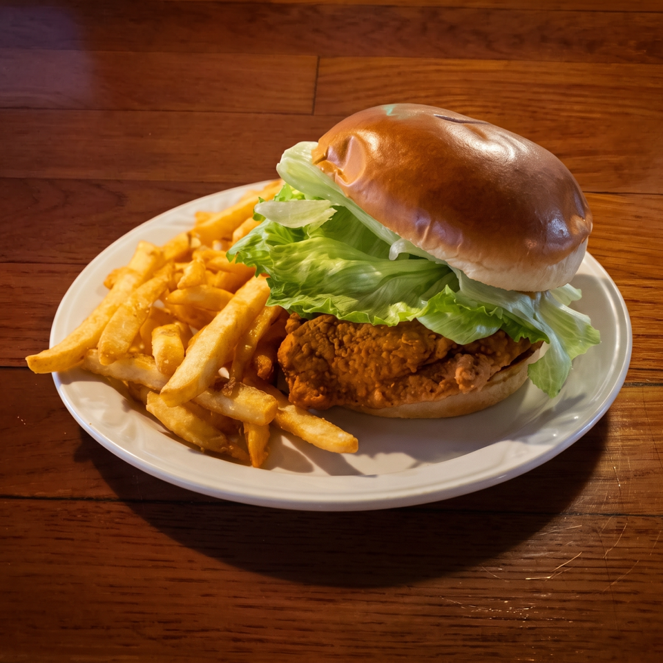 Crispy fried chicken sandwich with lettuce and onions served alongside golden fries on a white plate.