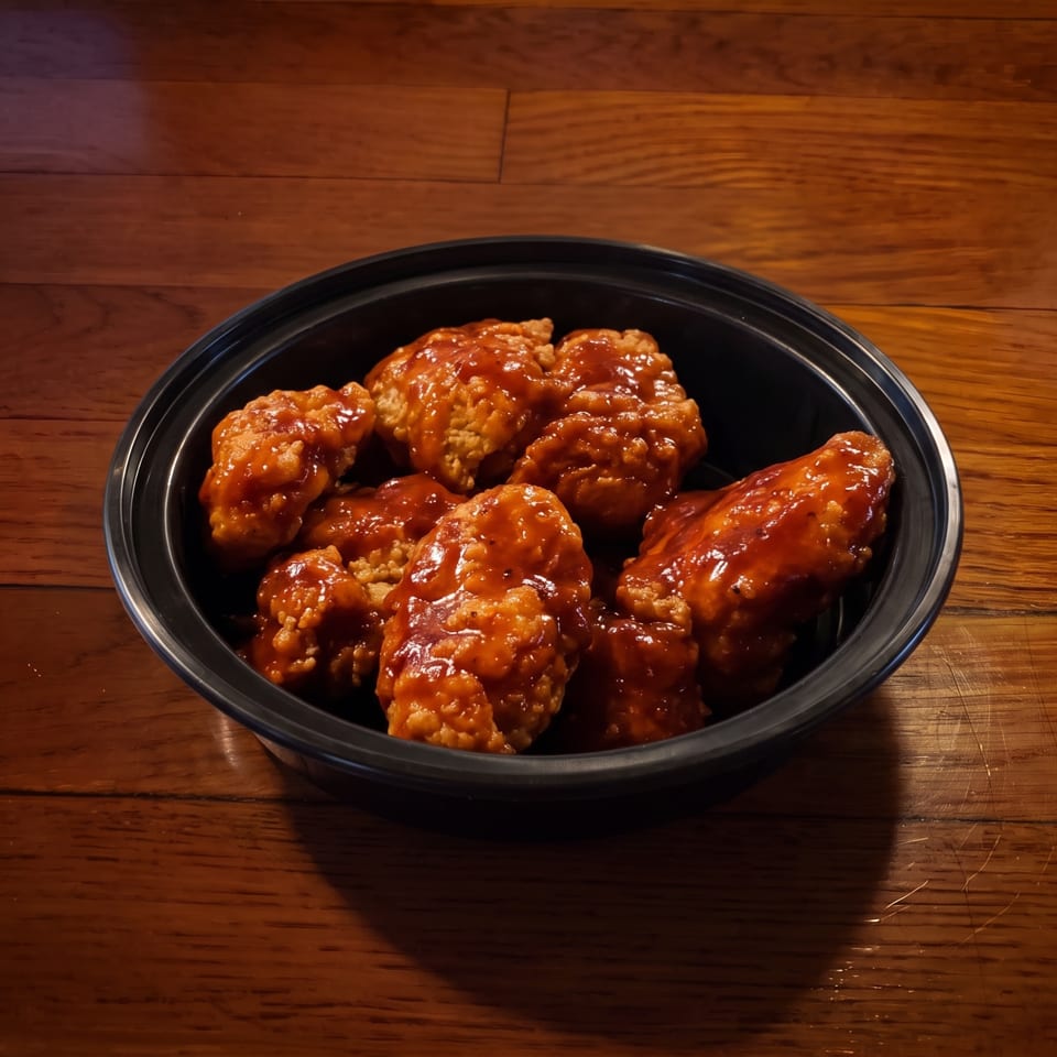 Black bowl filled with crispy fried chicken pieces coated in glossy reddish-brown sauce on a wooden table.