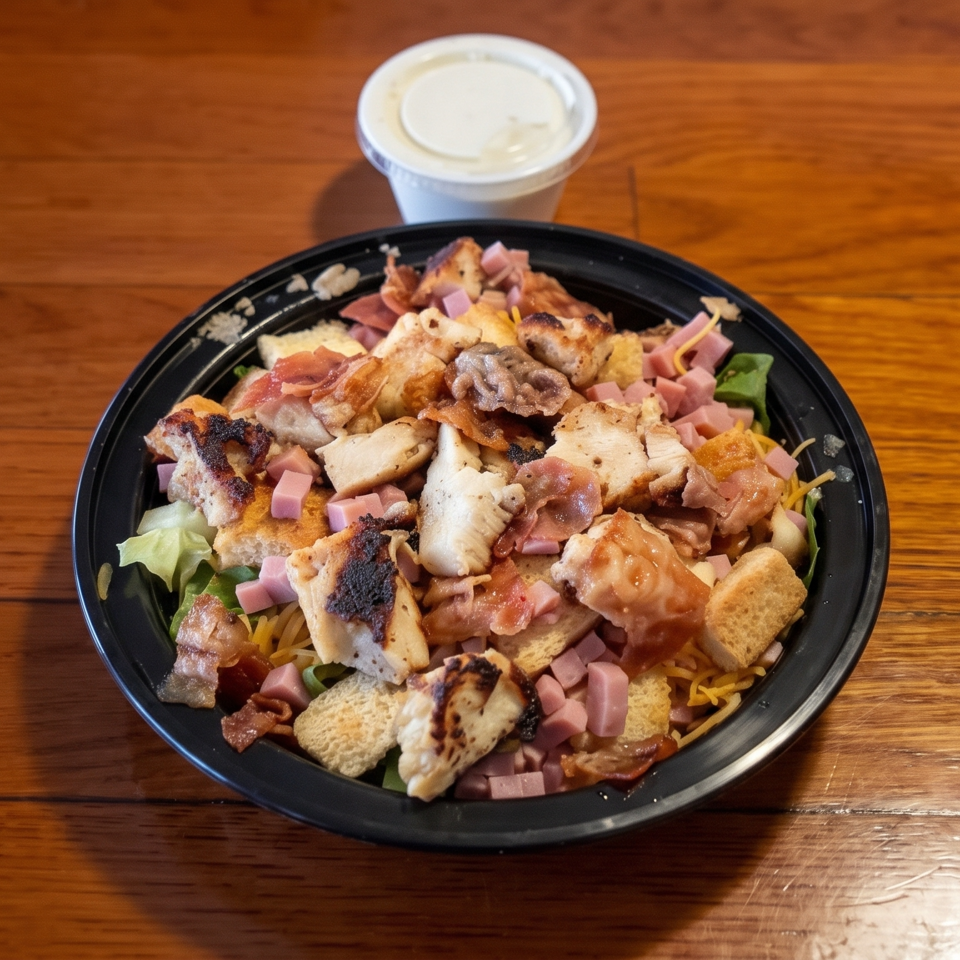 Loaded salad bowl with grilled chicken, bacon, ham, croutons, cheese, and greens on a wooden table, served with dressing.
