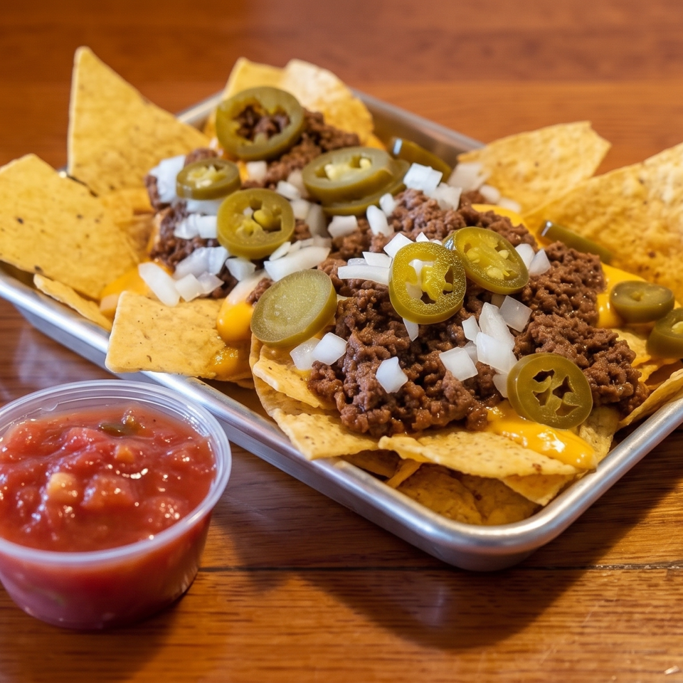 Loaded nachos with ground beef, melted cheese, onions, and jalapeños served with salsa on a wooden table.