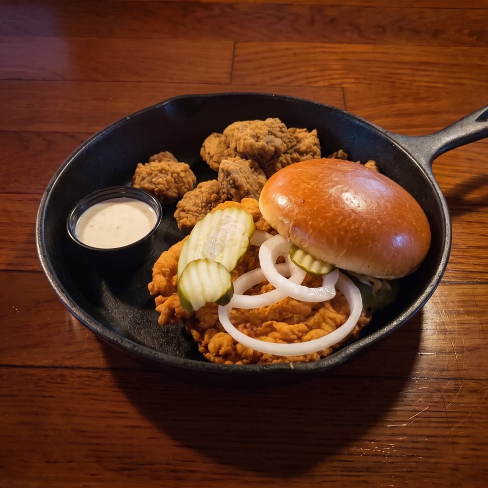 Cast-iron skillet filled with crispy fried chicken, a bun with pickles and onions, and dipping sauce on a wooden table.