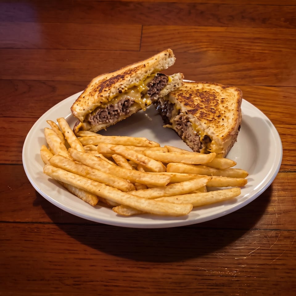 Grilled cheese sandwich filled with ground beef and melted cheese, served with golden French fries on a white plate.