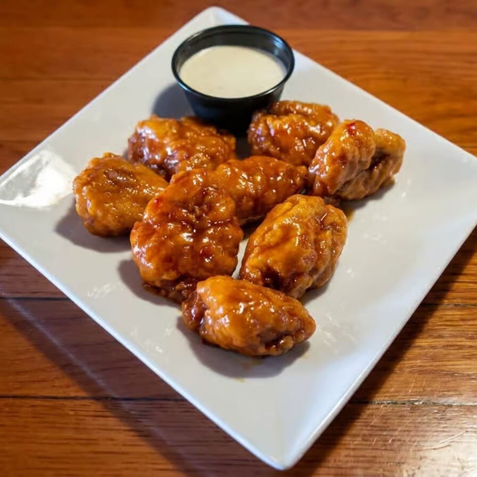 Glazed chicken wings arranged on a white square plate with creamy dipping sauce on a wooden restaurant table.